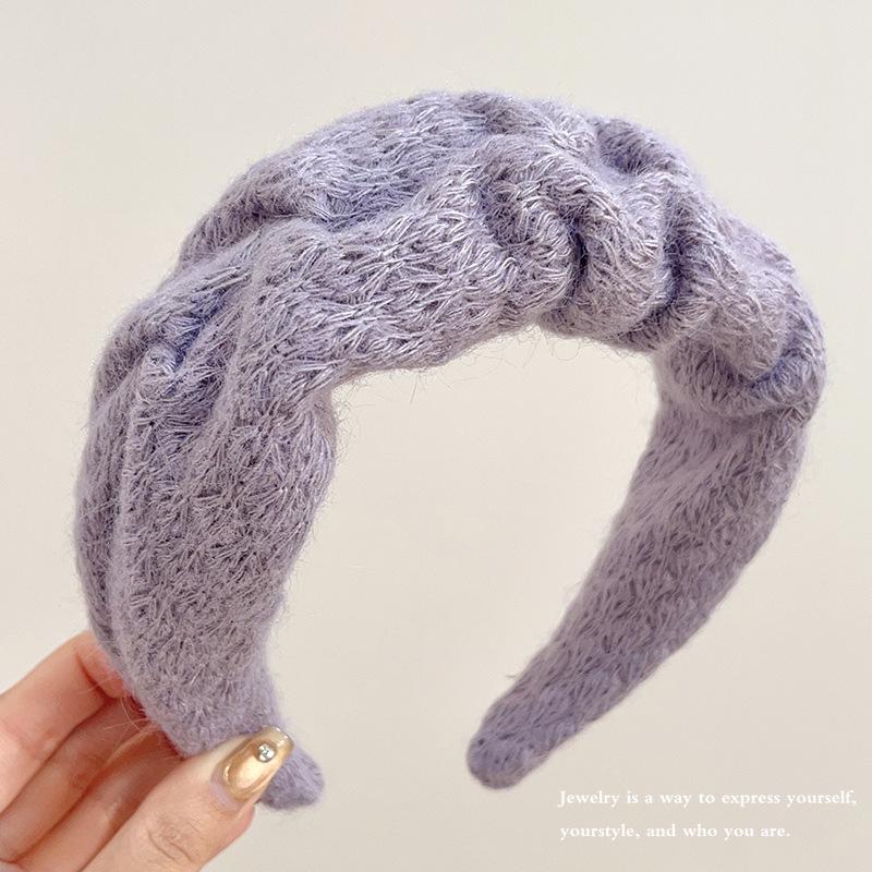 Woolen Pleated Wide Headband - Fluffy Knit Hair Tie for Makeup & Face Wash