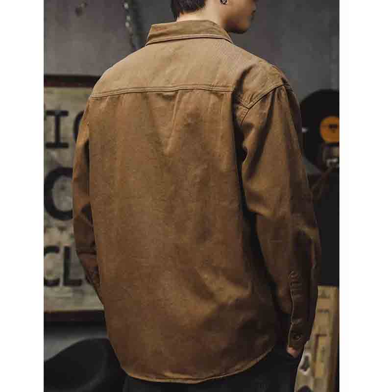 Autumn New Loose Casual American Vintage Work Jacket Men Solid Square Neck Button Pocket Badge Patchwork Long Sleeved Shirt