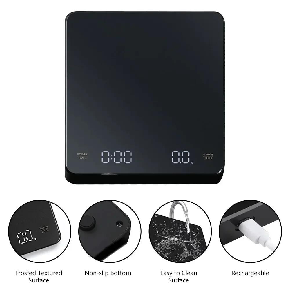 High Precision Digital Coffee Scale Rechargeable with Timer 3kg Capacity 0.1g Accuracy LED Screen USB for Espresso Kitchen