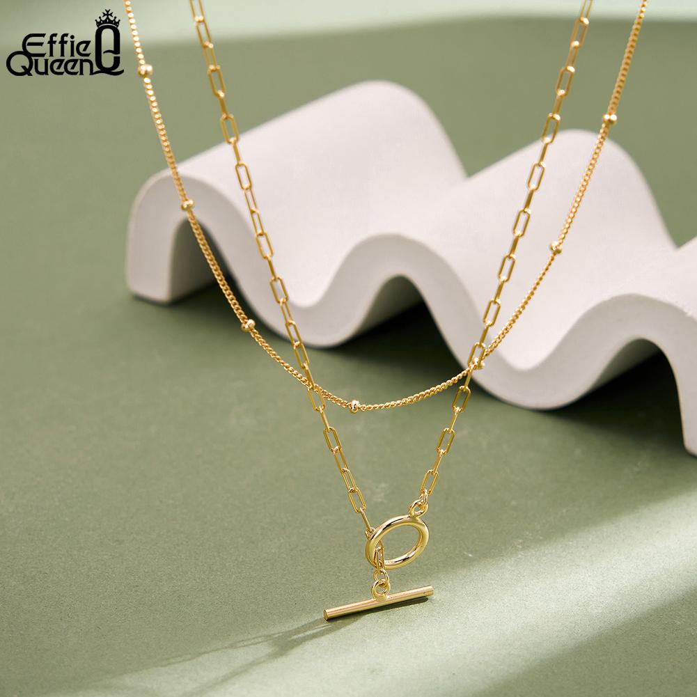EFFIE QUEEN 925 Pure Silver Beads Chain Double Layered Choker Necklace Paperclip Chain Neck with O Pendant Jewelry Party BQN47