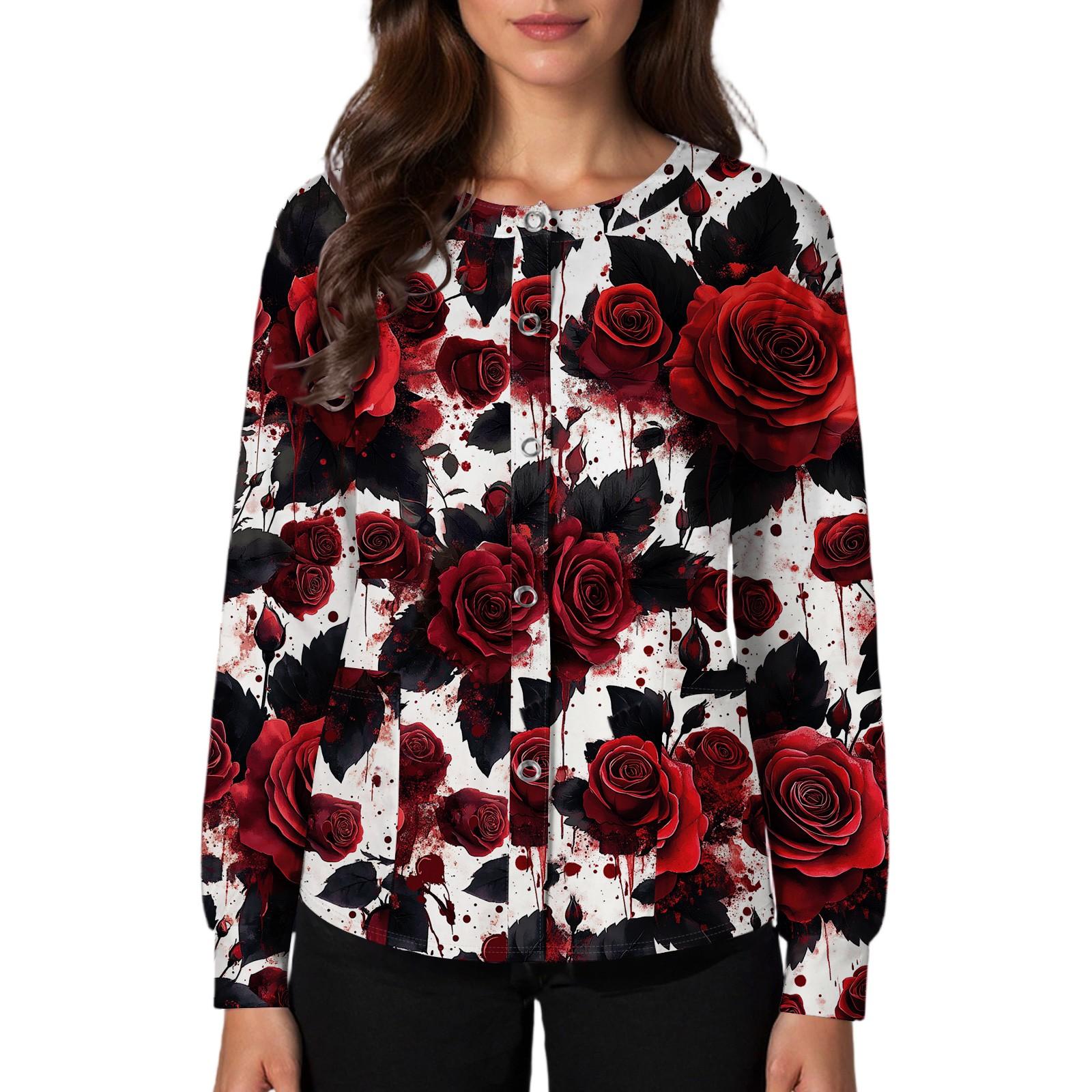 

Women s Casual Fashion Single Breasted Halloween Graphic Printed Nurses Tops XXL червоний