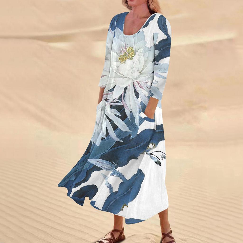 Lässiges Damen-Kleid mit Blumendruck und Taschen mit drei Viertelärmeln