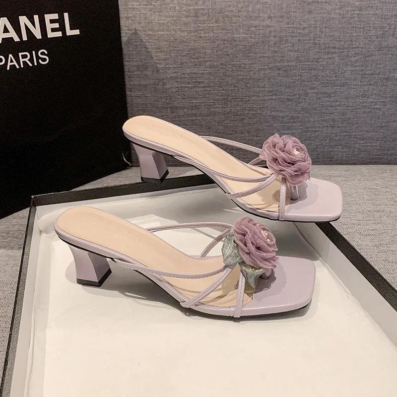 Fashion Aneikeh Summer Fashion Lace Flower Square Toe Women's Slippers High Heel Sandals Beach Slippers Zapatos Wedding Shoes Bride