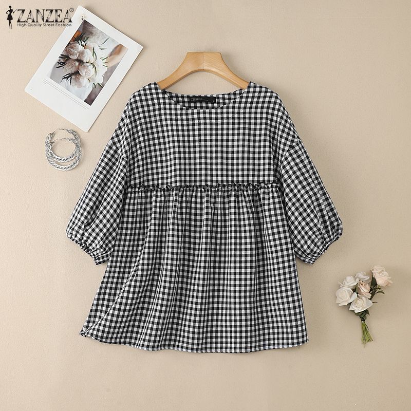 ZANZEA Women Casual Round Neck Half Sleeve Loose Plaid Print Blouse