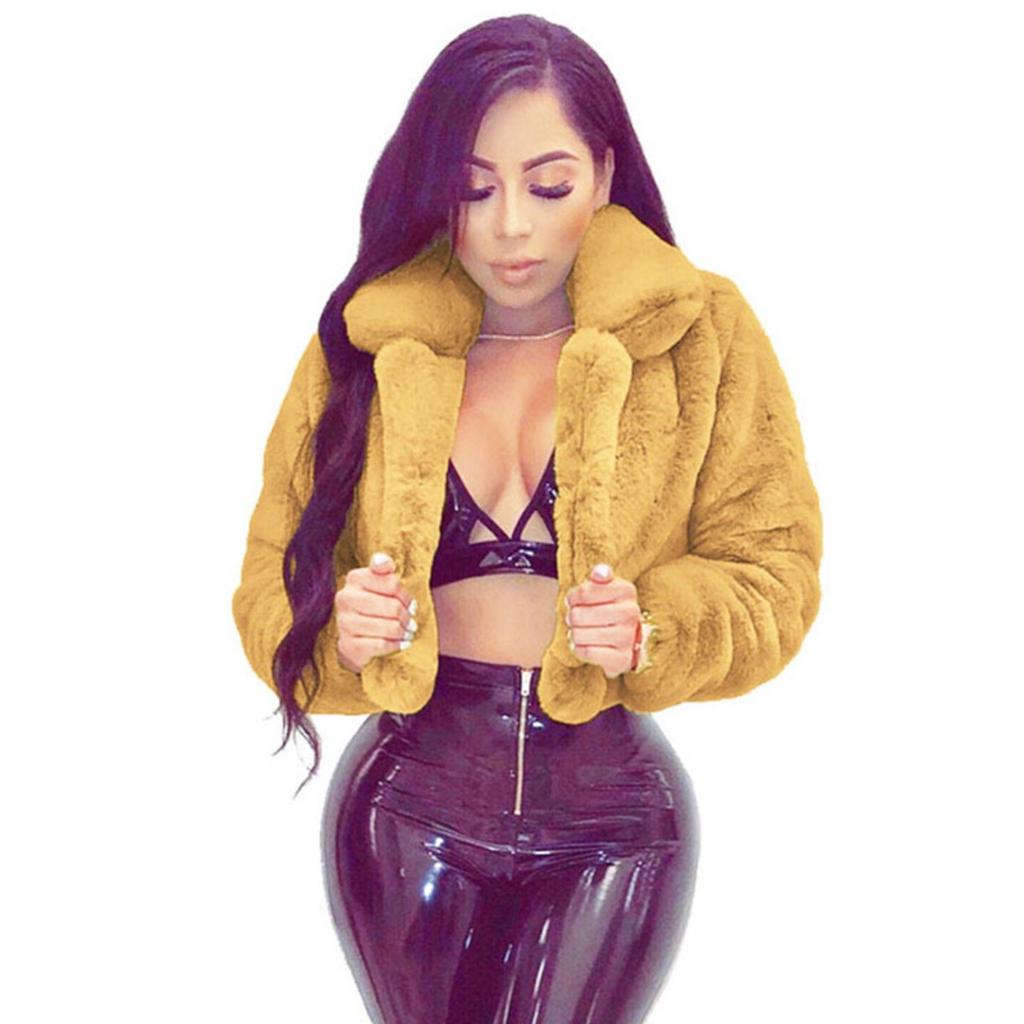 TrendHub Fashion Faux Fur Open Stitch Lapel Crop Jackets Women Clothing Autumn Winter Solid Long Sleeve Warm Furry Fluffy Coat Outer Wear