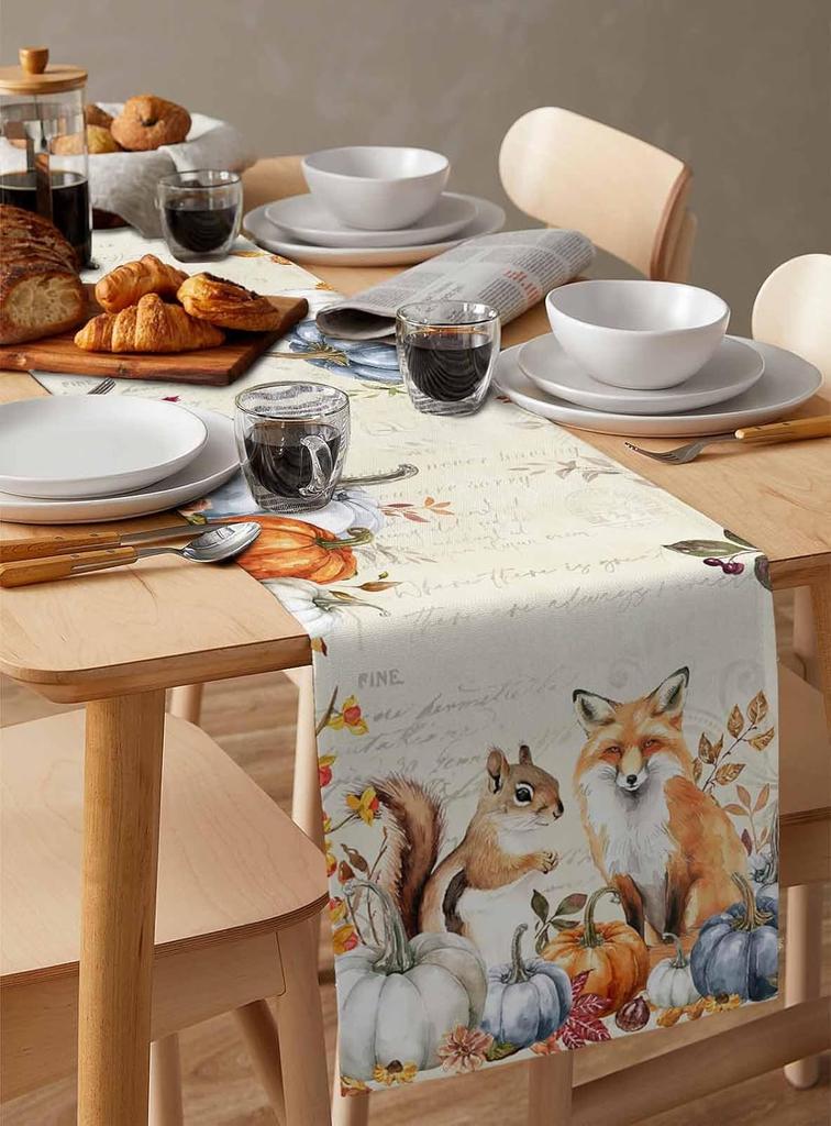 Fall Squirrel Pumpkin Linen Table Runner Holiday Party Decor Washable Kitchen Dining Table Runner Autumn Thanksgiving Decoration
