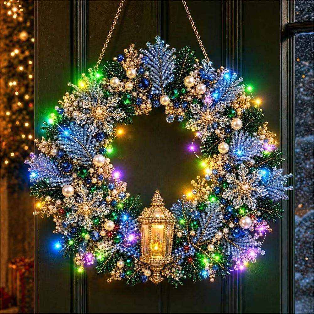Diamond Sticking Diamond Art Wreath With LED String Light Hanging Wreath Holiday Gift