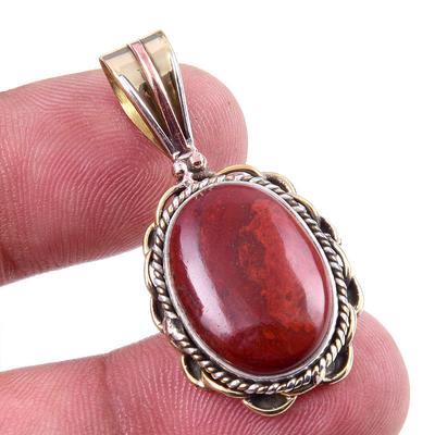 Natural Red Jasper Gemstone 925 Solid Sterling Silver TwoTone Pendant 1.50" j7P28