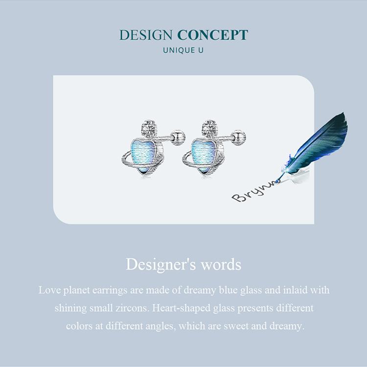 BAMOER 925 Sterling Silver Love Planet Stud Earrings for Women Fine Jewelry Simple Blue Heart Earrings Anniversary Gift