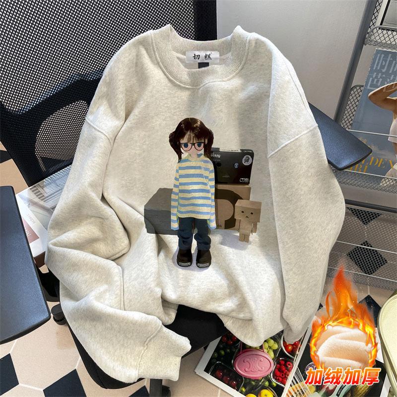 2025 Crew Neck Sweater Autumn and Winter Hong Kong Style Women's Loose Trend Versatile Velvet Thickened High Street Fashion Men's Jacket Ins