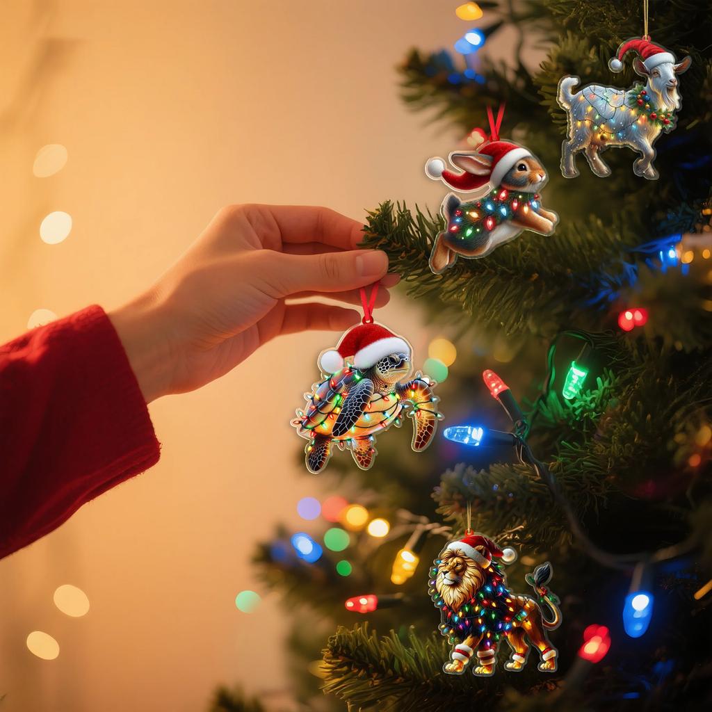 2D Acrylic Animal Ornaments With Christmas Hats, For Christmas Tree Decoration