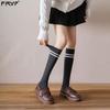 Women's Two-Stripe High Knee Cotton Socks - Black (Spring, Autumn, Winter Fashion)