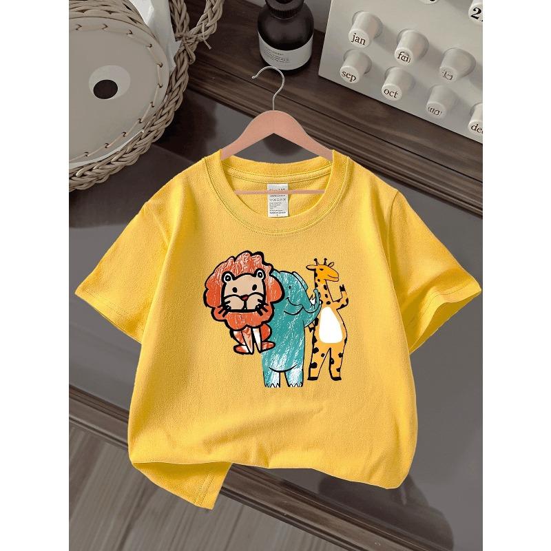 Boys Knit Crewneck T-Shirt, Cute Lion Elephant Giraffe Cartoon Animal Print