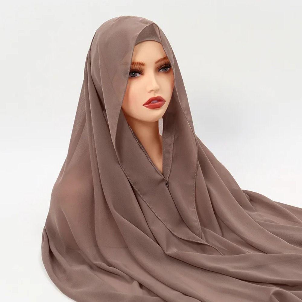 Solid Color Muslim Long Headscarf Bulit-In Magnets Women Chiffon Shawl Islamic Head Wrap  Summer
