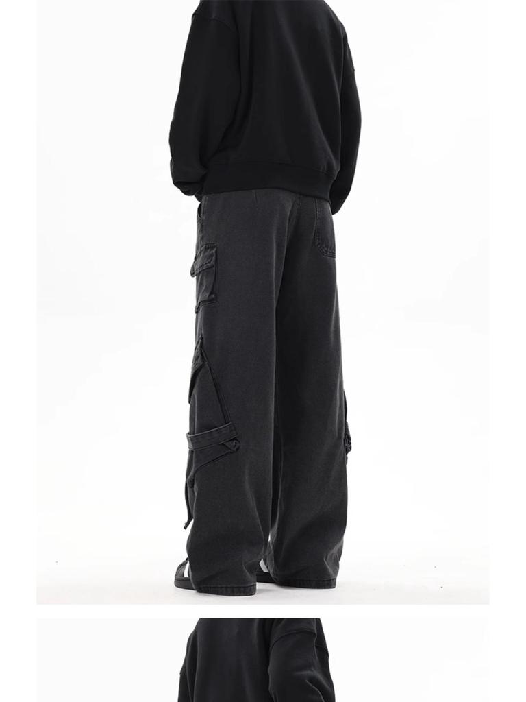 Unisex Vintage Black Distressed Wide-Leg Workwear Jeans with Multi-Pockets - High Street Punk Style