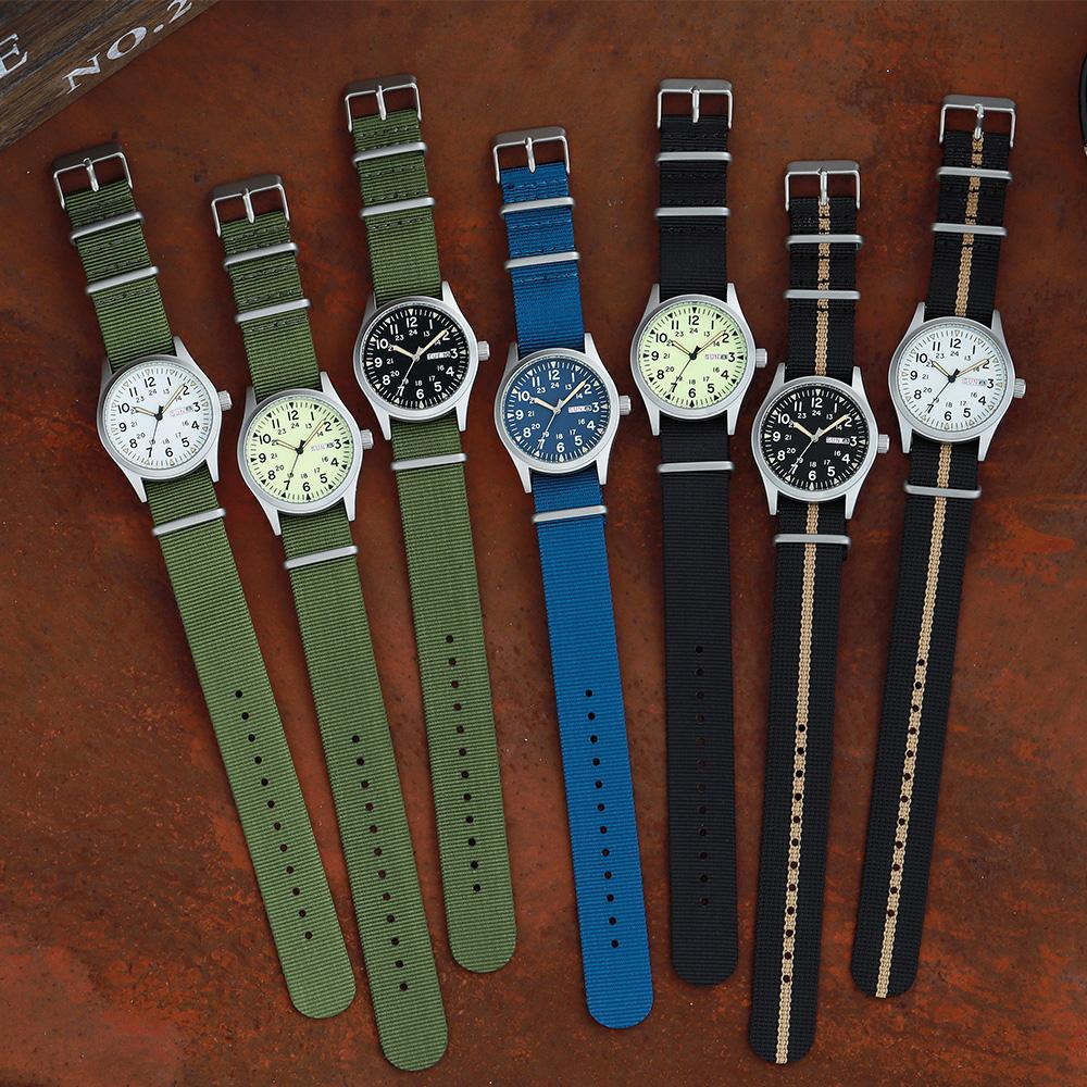 TPW Leuchtende 38mm Herren-Felduhr Leicht ablesbar Stoffarmband 24-Stunden-Anzeige Datum Wochentag Funktion Quarzwerk