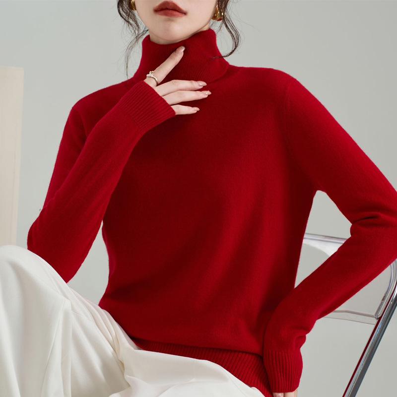 Women's Pure Wool High Neck Pullover: Warm Autumn/Winter Base Layer Long Sleeve Sweater