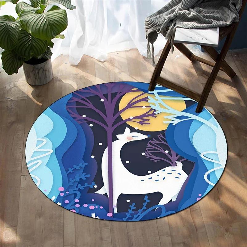 Forest Deer Round Carpet Soft Cartoon Rug Non-Slip Circle Floor Mat for Living Room Bedroom Sofa Bathroom Children's Dorm Decor