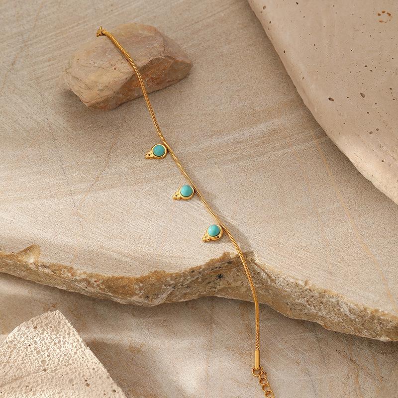 New turquoise pendant round snake chain bracelet fashionable personality versatile stainless steel gold-plated bracelet