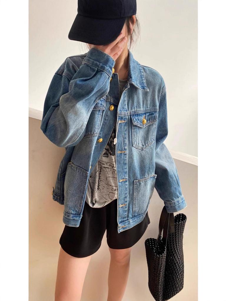 Hong Kong Style Retro Washed Women's Denim Jacket - 2025 Spring/Autumn Loose Casual Fashion Top