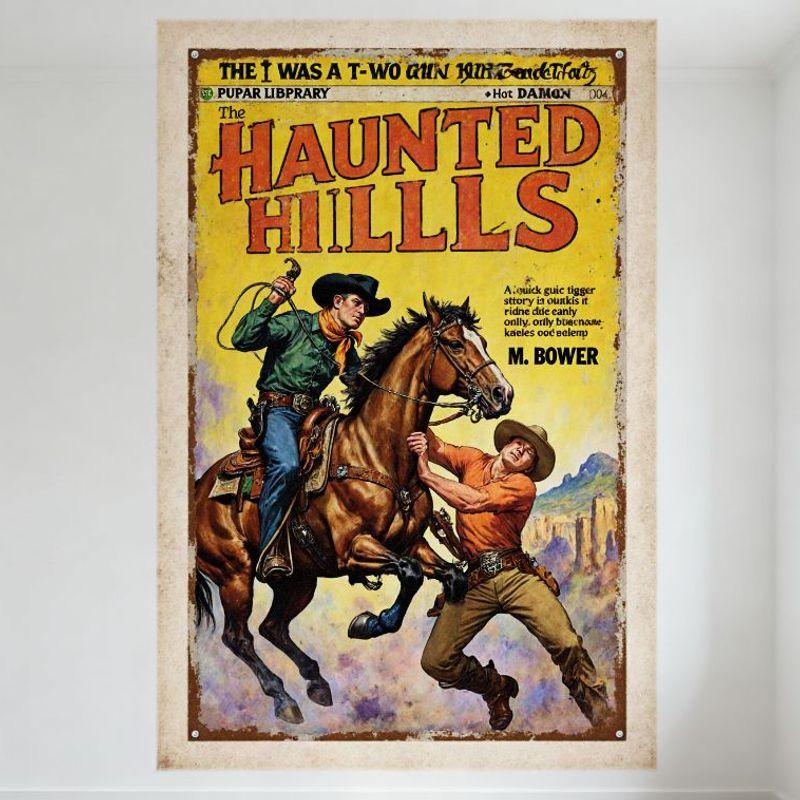 

Vintage The Haunted Hills Pulp Magazine Cover Tin Sign - Cowboy & Horse Western Art Metal Poster for Bar Pub Home Decor 20x30cm（7.8x11.8inch）