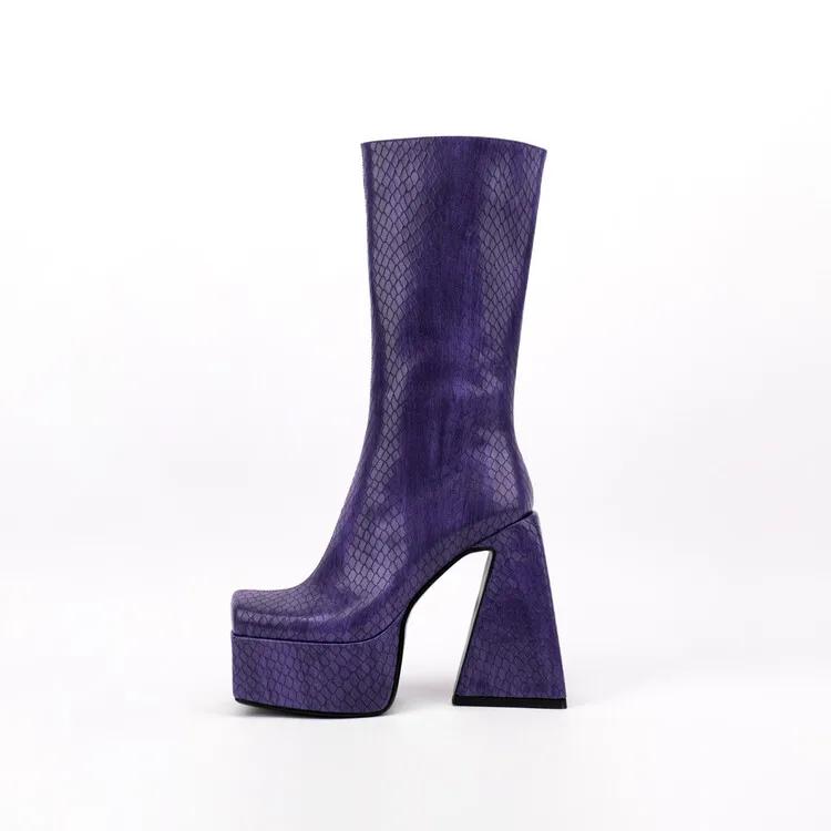 Fashion New Stone Pattern Side Zipper Thick Heel Mid-calf Boots Women Square Headed Waterproof platform Short Plush Winter Boots Size 45