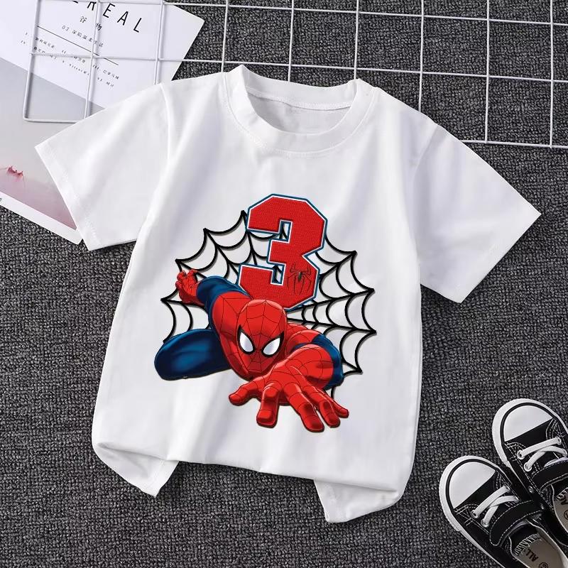 2026 Summer Children's T-Shirt, Featuring a Digital Spider-Man Pattern Design with a Crew Neck