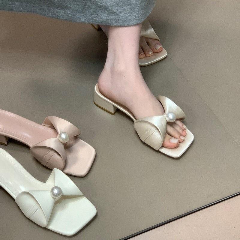Bow pearl square head cool slippers female French versatile outer wear with skirt fairy one-word drag