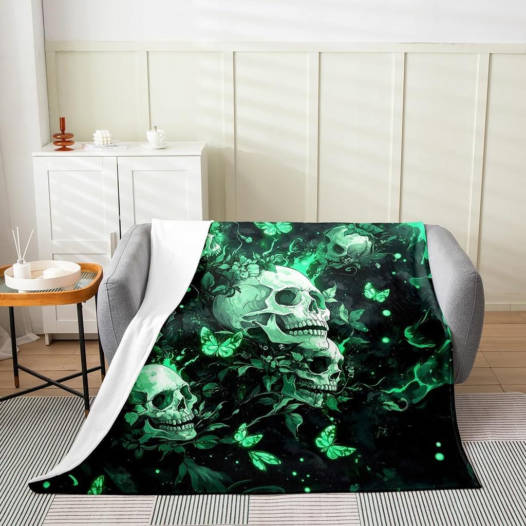 Mushroom Skull Fleece Blanket Halloween Moon Night Neon Blue Throw Blanket for Sofa Adults Mysterious Jungle Gothic Skeleton Sof