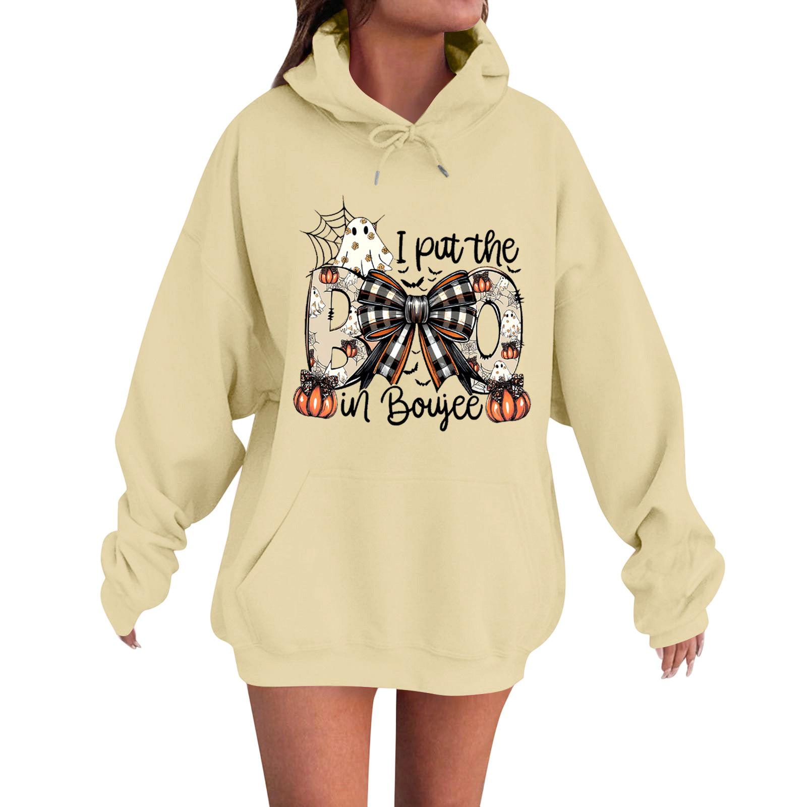 

Женская повседневная модная удобная толстовка с круглым вырезом, капюшоном и длинными рукавами с принтом на Хэллоуин, теплая L