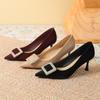 Light luxury rhinestone square buckle high heels women's pointed head thin heel sheepskin single shoes temperament fashionable shallow mouth spring
