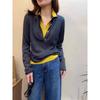 Autumn and Winter New Splicing Contrasting Color Fake Two-piece Lapel Knitted Sweater Stacked Casual Thin Top Sweater