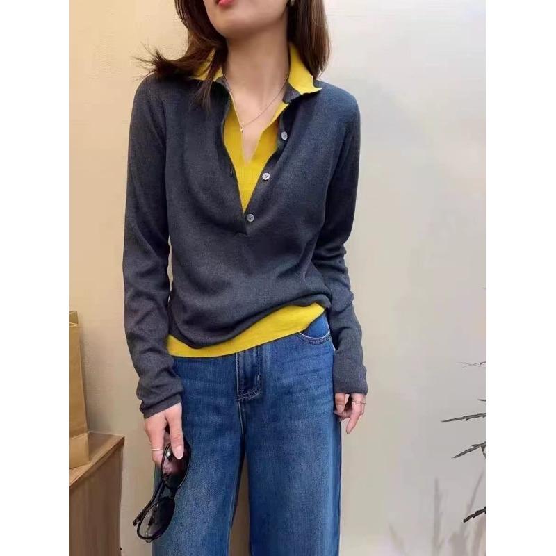 Autumn and Winter New Splicing Contrasting Color Fake Two-piece Lapel Knitted Sweater Stacked Casual Thin Top Sweater