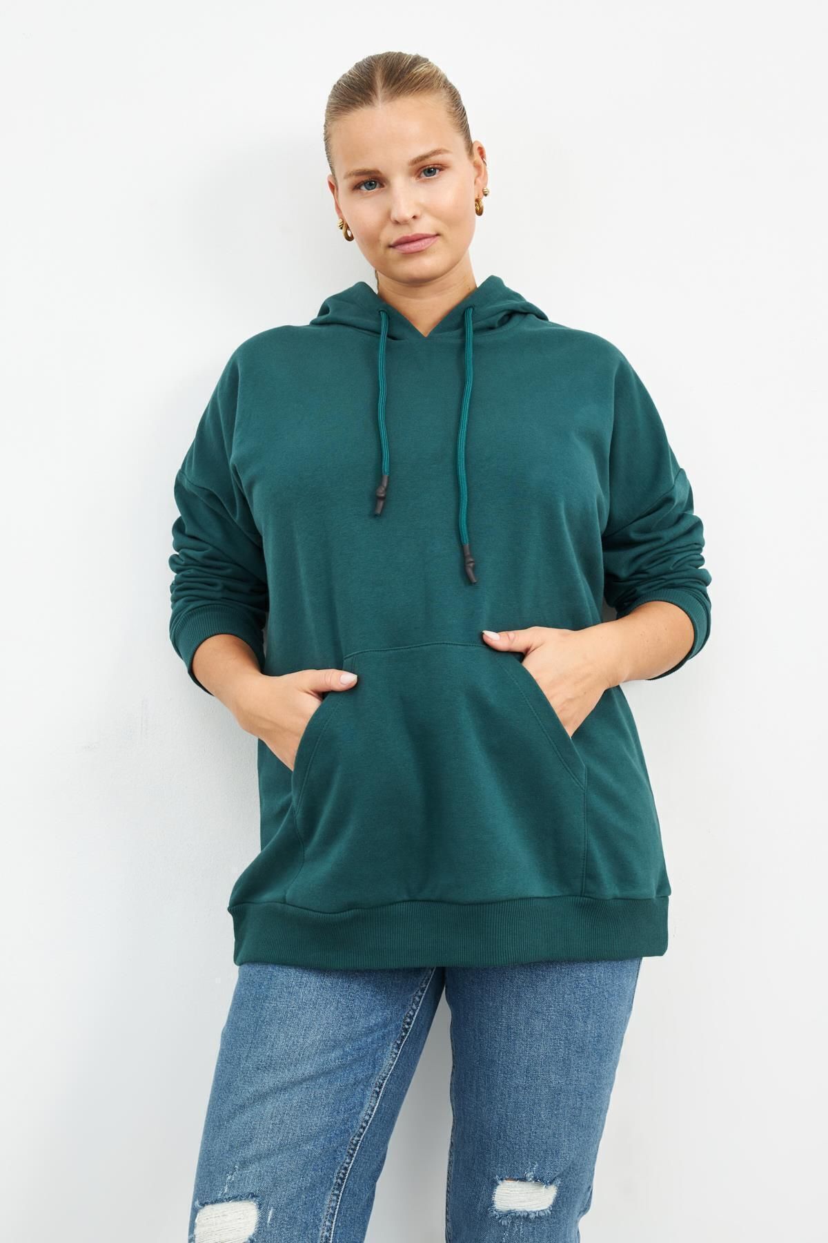 

Women s Style Big Size Sweatshirt Green Charcoal Kangaroo Pocket Sweatshirt 2XL