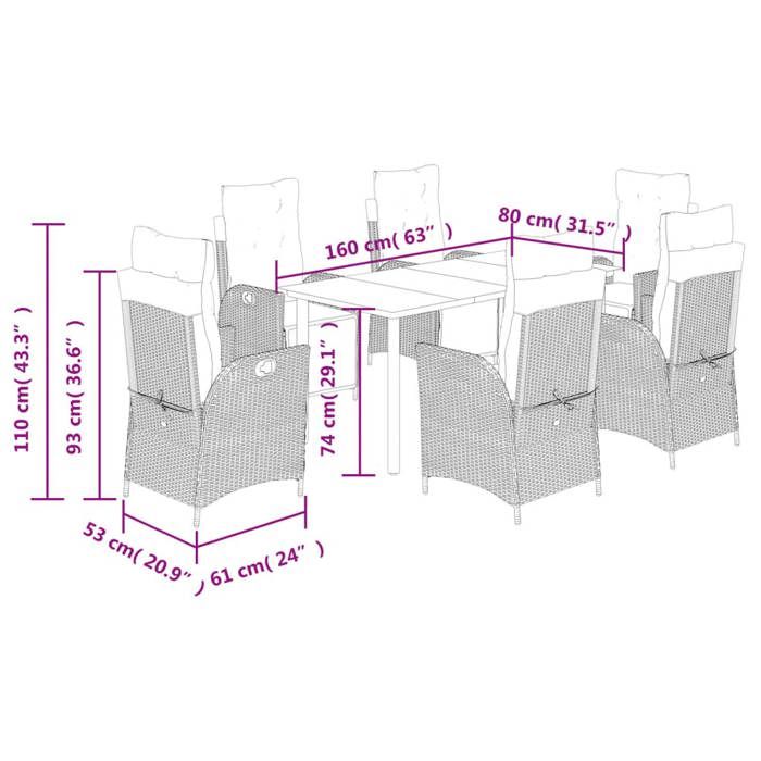 VidaXL Ensemble à Manger de Jardin avec Coussins 7 pcs, Table et Chaises avec Dossier Réglable, Meubles d'Extérieur, 3213403
