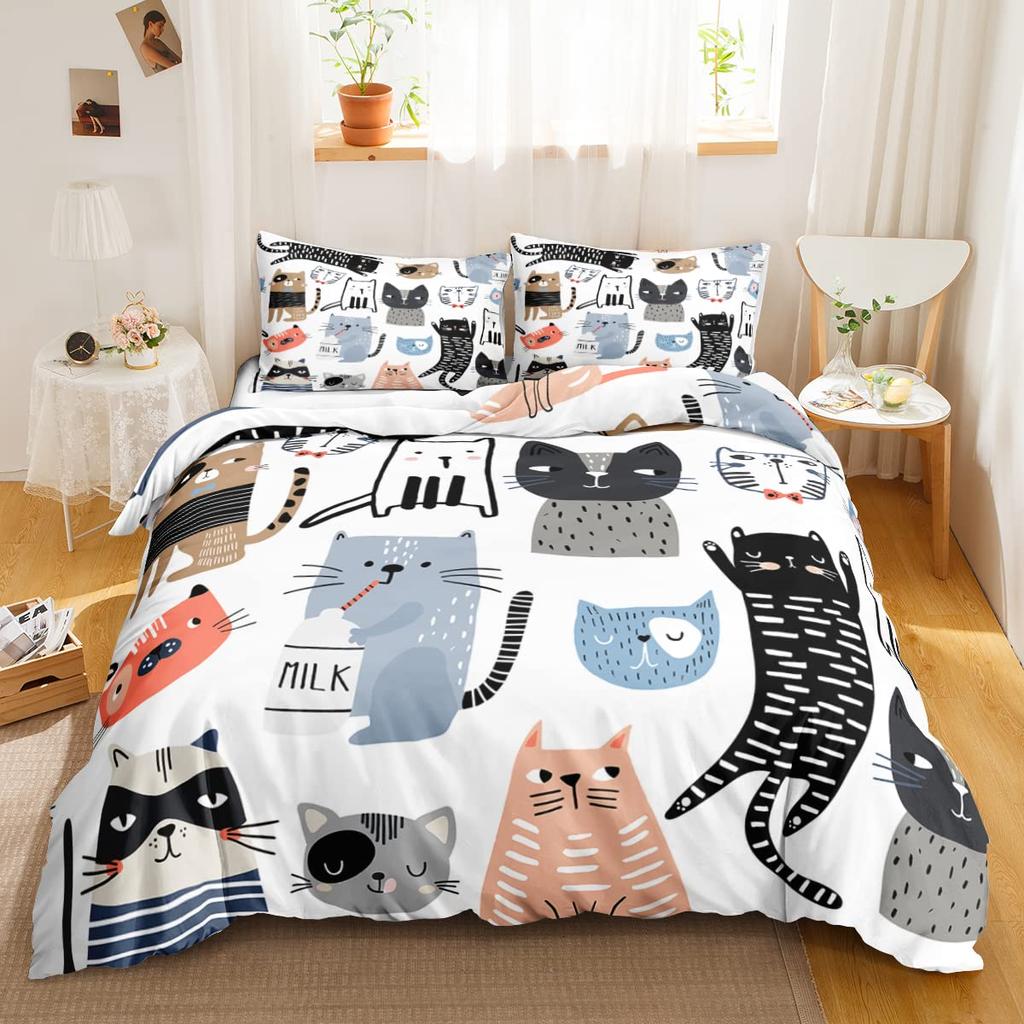 Cute Cat Duvet Cover Set Boys Girls Adults Animal Printed Bedding Set Pet Theme Comforter Cover Pet Quilt Covers with Pillowcase