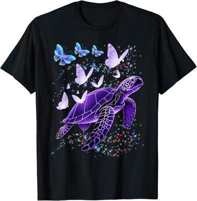 Lila Meeresschildkröte Schmetterling Grafik T-Shirt Atmungsaktiv Lässig Kurzarm Baumwoll-Tee Für Männer