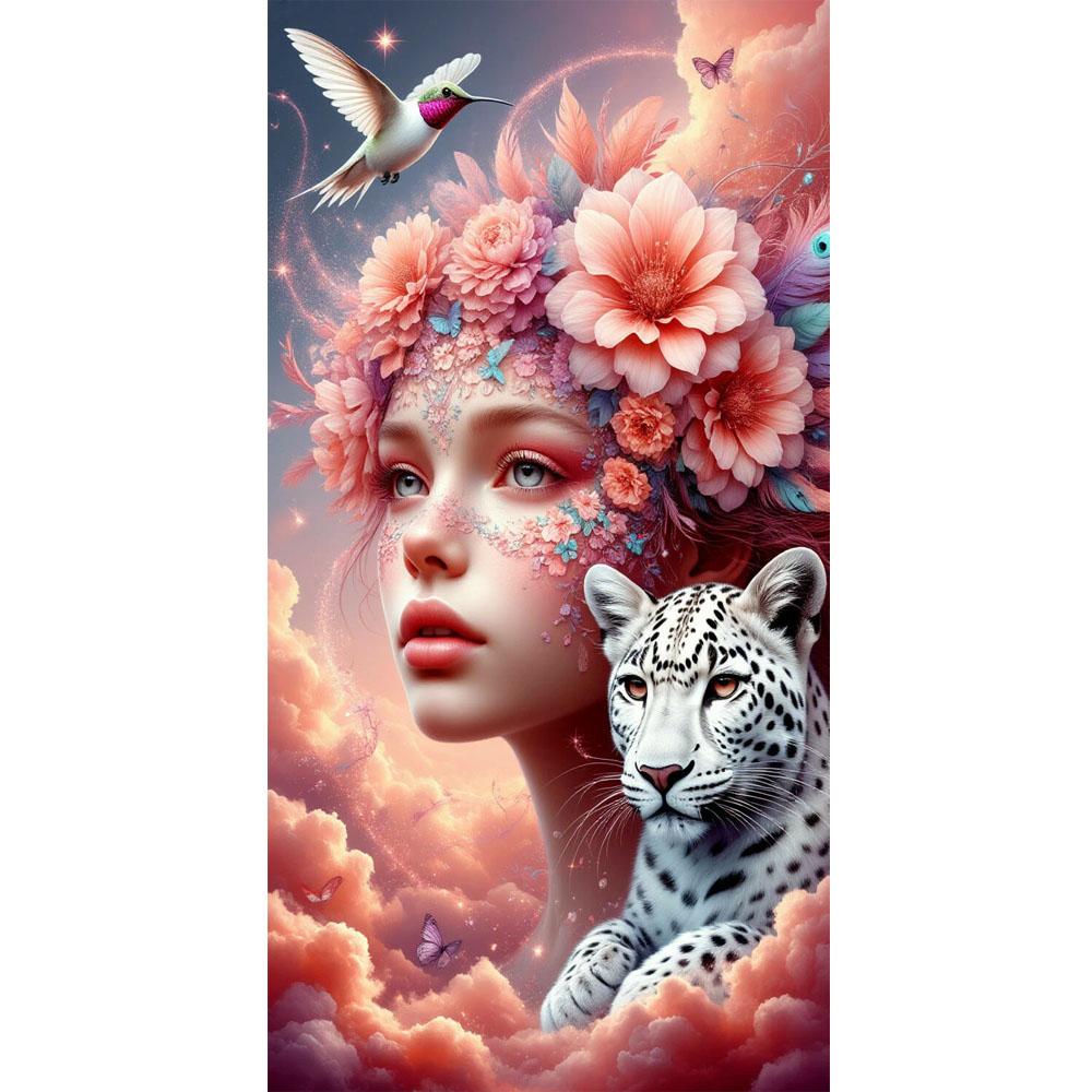 Beautiful Girl with Flowers and Leopard DIY Diamond Painting Cross Stitch Full Drills Diamond Mosaic New Collection Home Decor