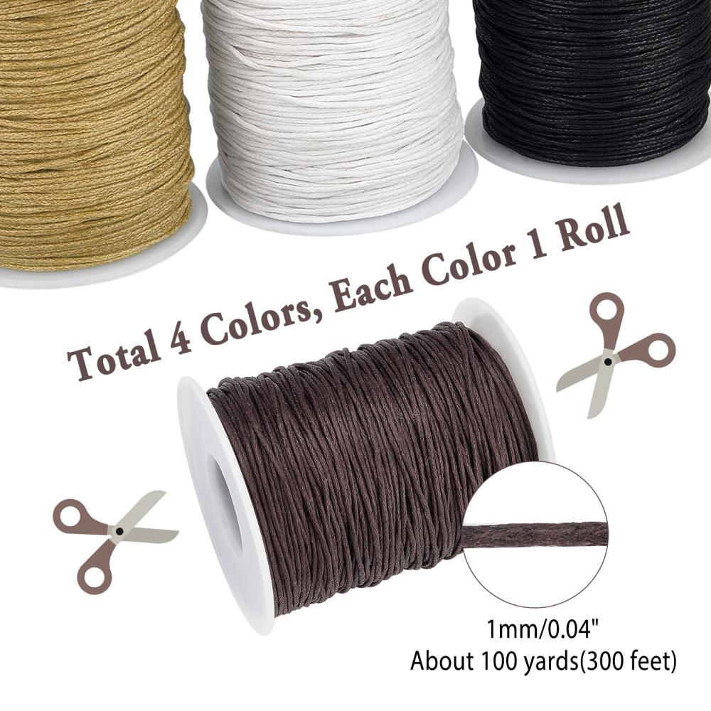 4 Rolls 4 Colors Waxed Cotton Thread Cords, Mixed Color, 1mm, about 100 yards(300 feets)/roll, 1 roll/color