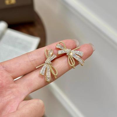 Elegant French Gold Zircon Bow Stud Earrings – Versatile, Exquisite Fashion Accessories