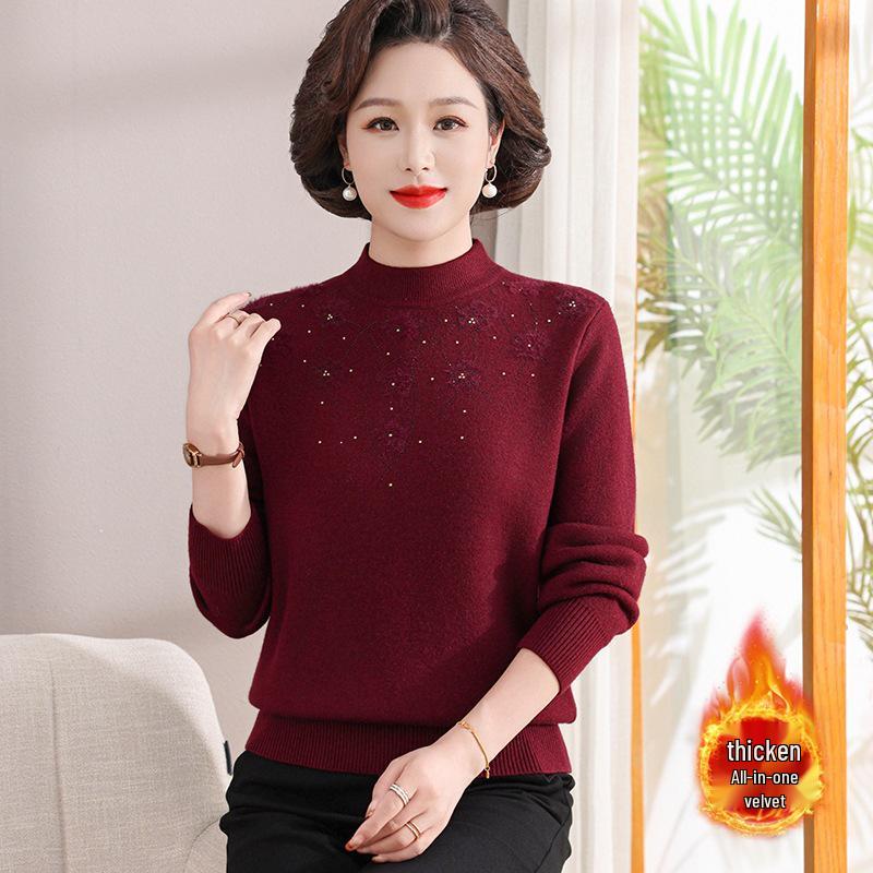 Mom's Velvet One-Piece Winter Base Layer Top for Middle-Aged & Elderly Women - Warm, Plus Velvet, Thick Knit
