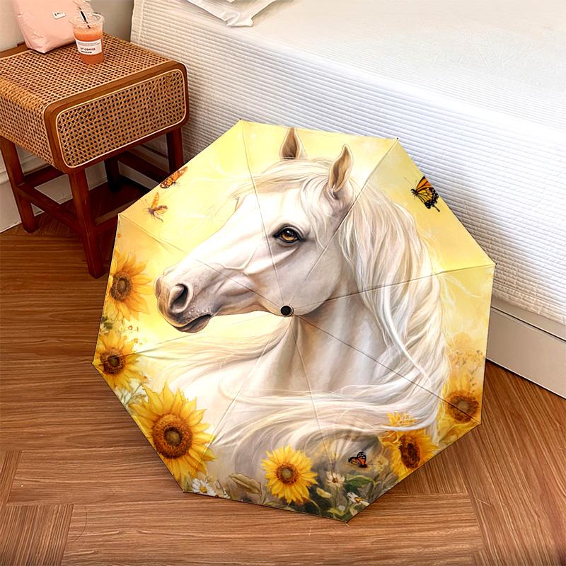 

1 PC Automatic Folding Umbrella - White Horse Sunflowers Pattern, Portable & Foldable Design with 8 Ribs, Christmas Birthday Gifts
