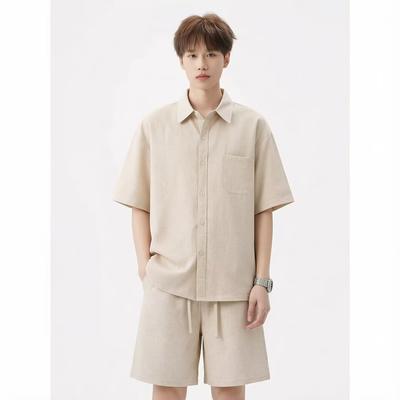 Retro Sommer Lockere Arbeitskleidung Kurzarmhemd Unisex Hemd und Shorts Zweiteiliges Set Für Paare