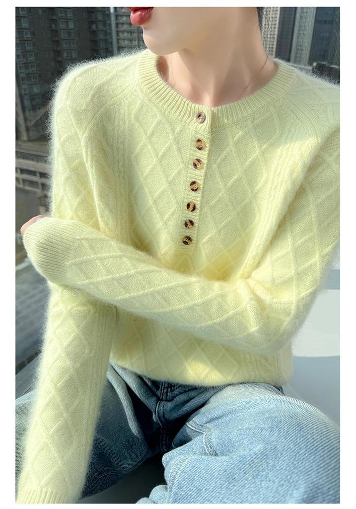 Lekasha 100% Cashmere Mink Velvet Seven-Button Cable Knit Sweater