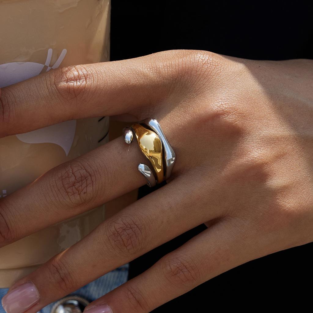 Youthway Fashionable Color-Block Design Smooth Irregular Ring Stainless Steel  Gold Color Multi-Layer Women'S Waterproof Ring