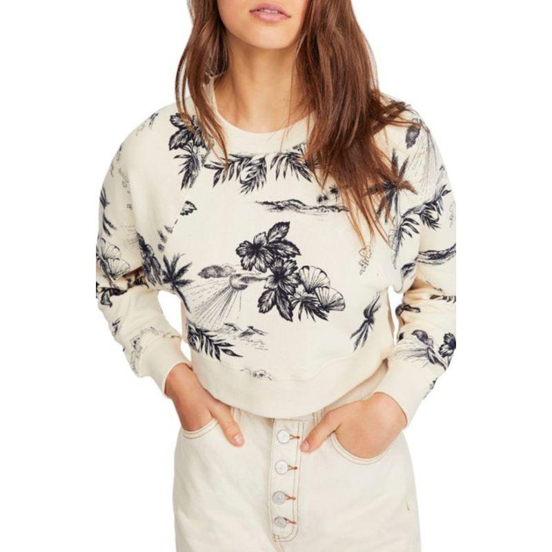 

FP Pure Cotton Thin Terry Design Short Long Sleeve round Neck Top Rice White Print XS