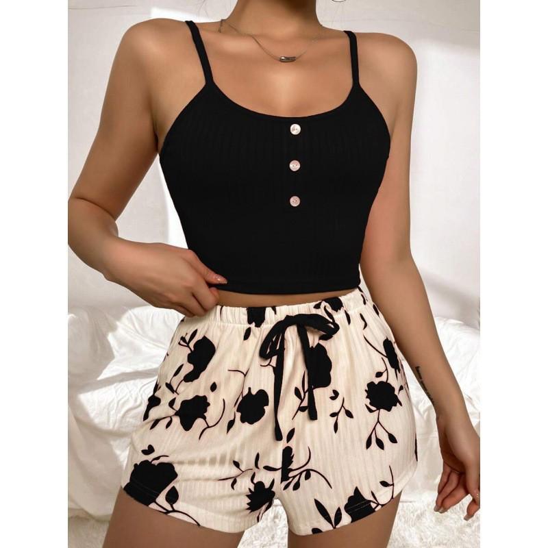 

Горячая распродажа: Женская одежда для дома с принтом: Сексуальный ребристый топ-камсоль и шорты для сна, европейский и американский стиль Large чёрный