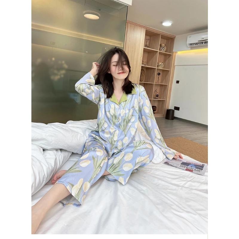

Новая пижама из 2 предметов из ледяного шелка для женщин, осенне-весенний женский пижамный комплект, элегантная домашняя одежда с цветочным принтом, мягкая одежда для сна M