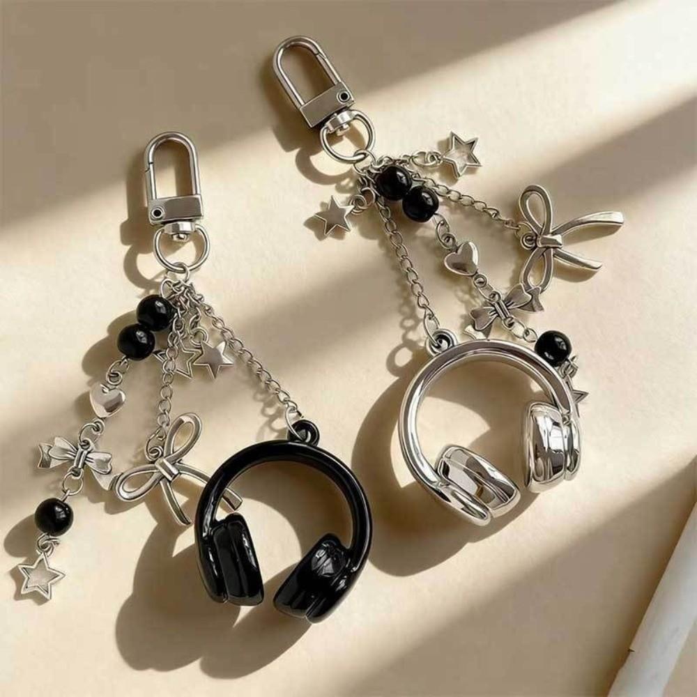 Black Silver Bow Star Bag Charms Beaded Pendants Creative Phone Lanyards  Girl
