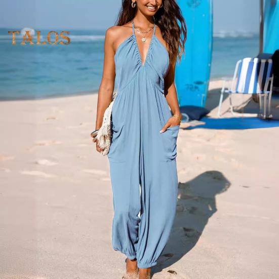 Women's Halter Maxi Jumpsuit Pleated Deep V Neck One Piece Jogger Long Pants with Pockets Casual Beach Sleeveless Rompers